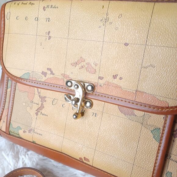 Vintage World Map Leather Hand Bag With Shoulder Strap Top Handle Crossbody - Picture 3 of 10